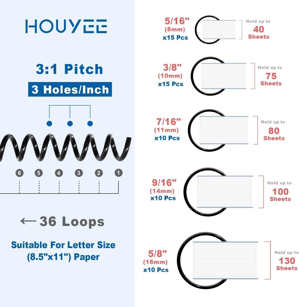 60 Pack Plastic Spiral Binding Coils, Multi Size, 3:1 Pitch, Black Binding Sp...