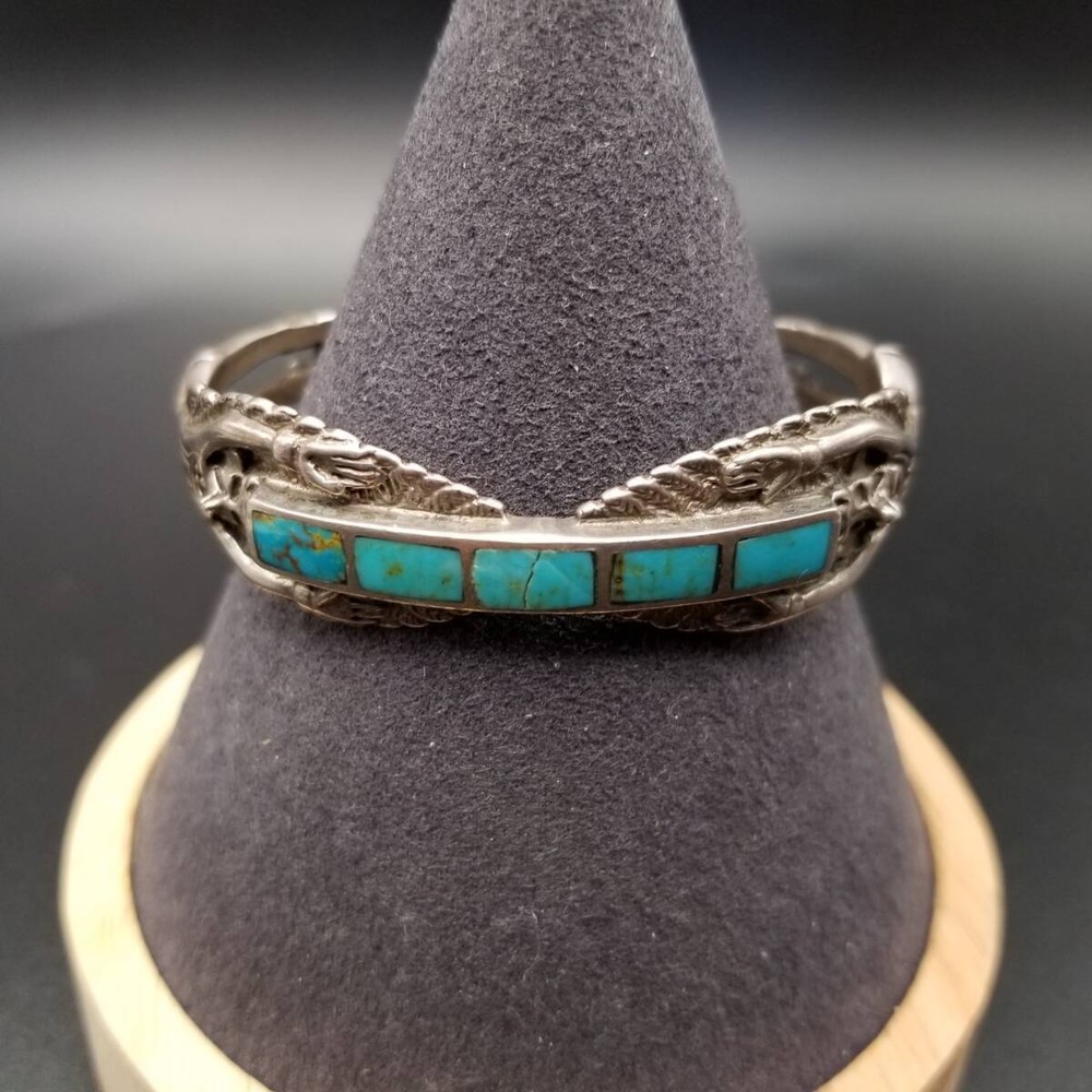 騎士 人の彫刻 ターコイズ インレイ ヴィンテージ シルバー カフ ブレスレット 民族的 トライバル 個性派ジュエリー Y19-F