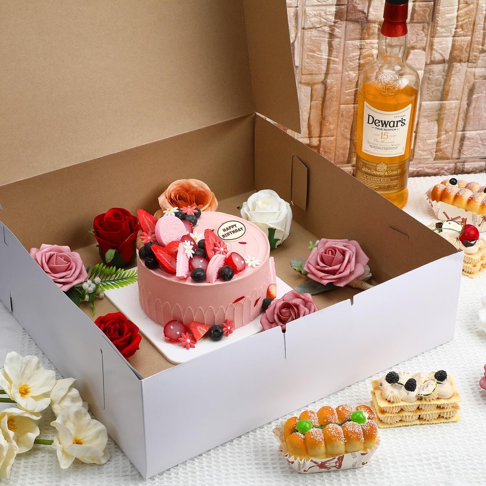 10 Pcs Large Cake Box White Non Window Corner Lock Bakery Box Square Cardboar...