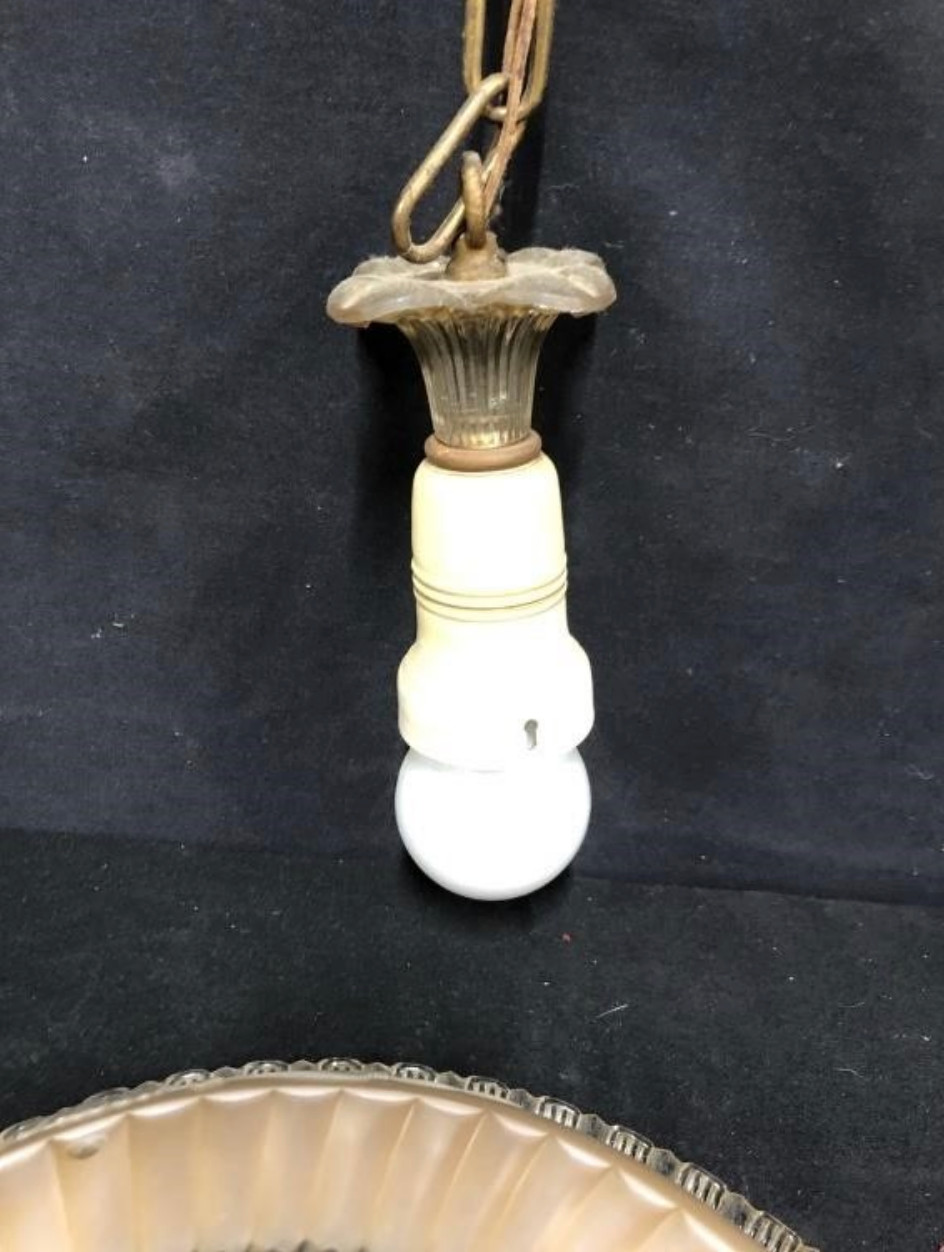 Antique Art Deco Glass Ceiling Light Fixture Frosted & Clear 3 Chain Shade 14”