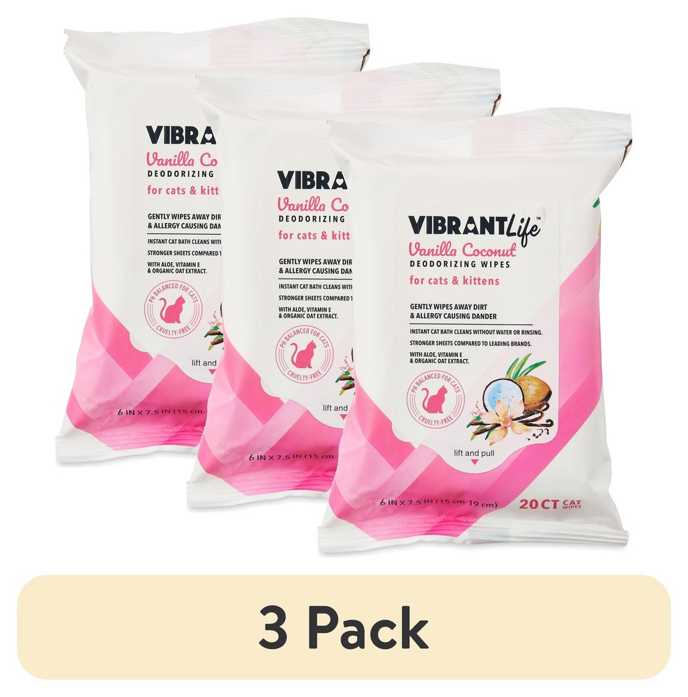 (3 pack)  Vanilla Coconut Deodorizing Wipes for Cats & Kittens, 20 Count