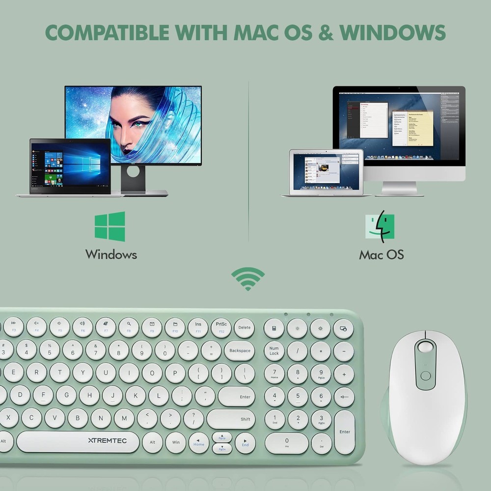 Wireless Keyboard and Mouse, XTREMTEC Compact Full Size Cute Keyboard Retro R...