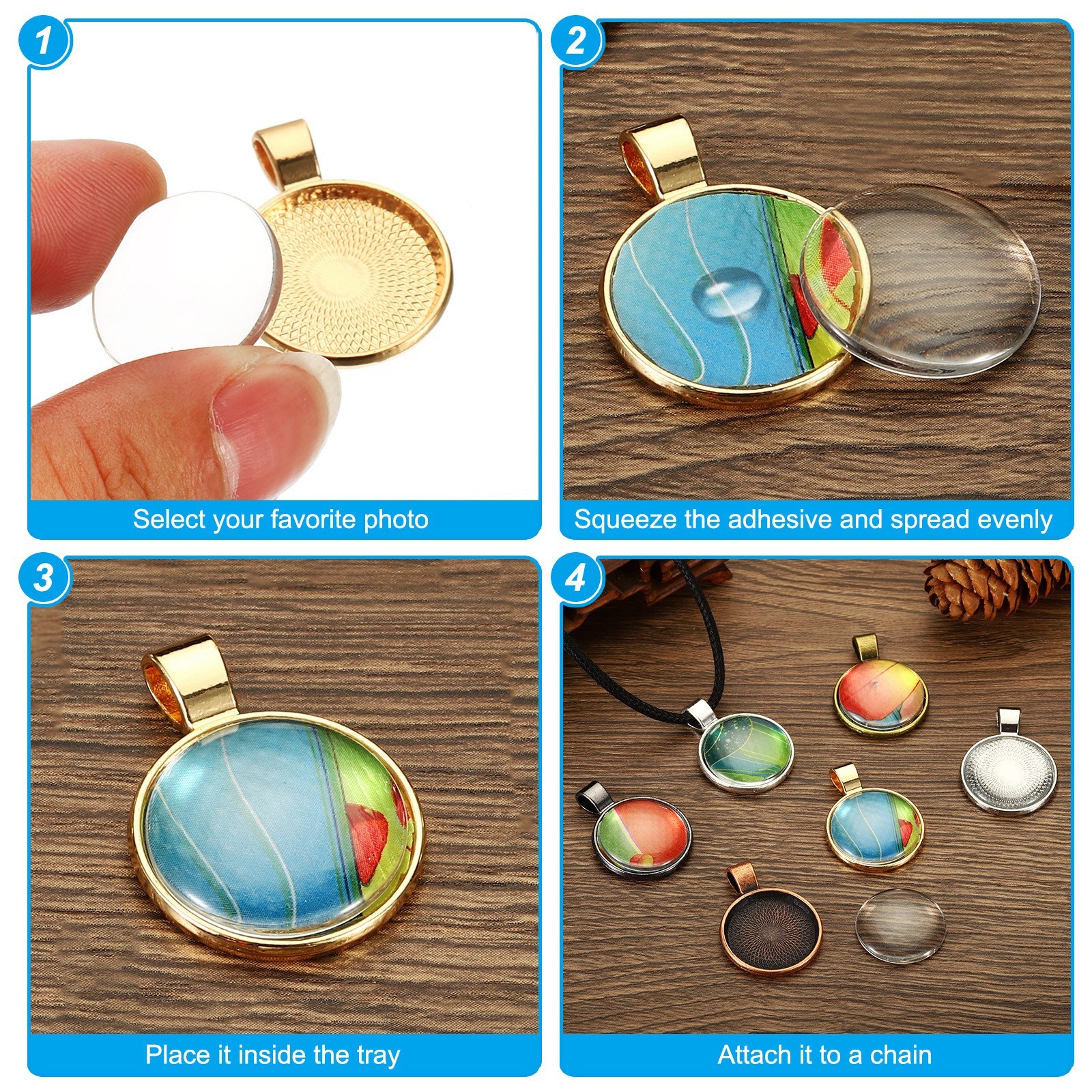 30 Sets Pendant Trays with Glass Cabochons 30mm Round Bezel Trays Silver White