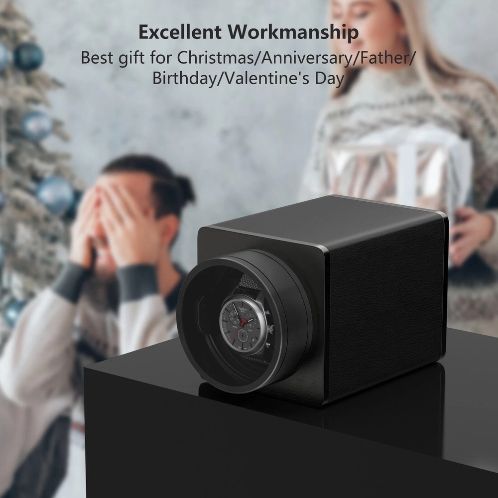 Dukwin Single Automatic Watch Winder Display Storage Case Vegan Leather Black