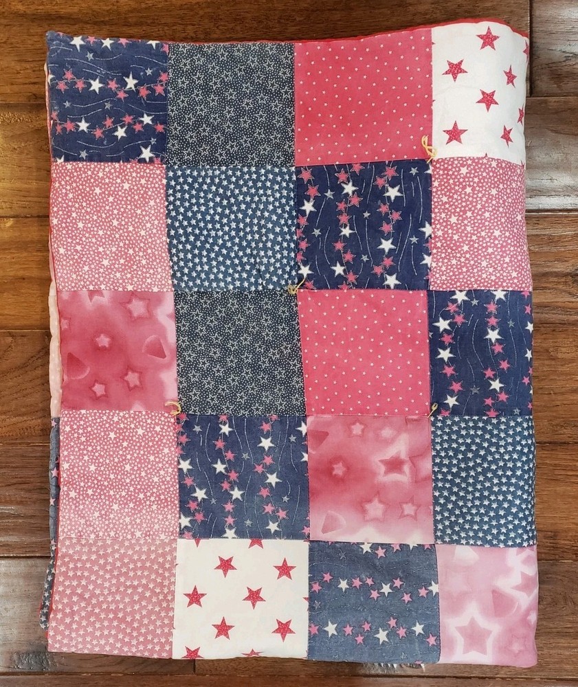 VTG Patchwork Quilt Table Topper Nine Patch Red White Blue Americana Handmade
