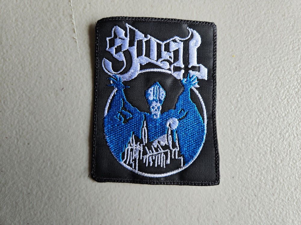 GHOST + LOGO, SEW ON WHITE AND BLUE EMBROIDERED PATCH