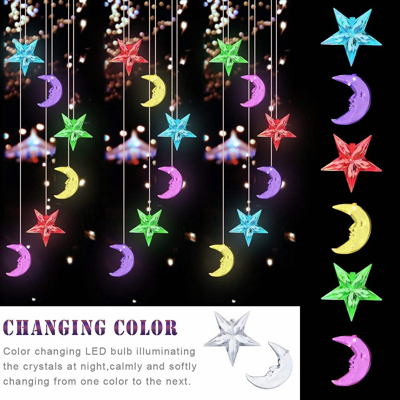 LED Solar Wind Chimes Lights Moon&Star Color Changing Lawn Hanging Lamp Decor US