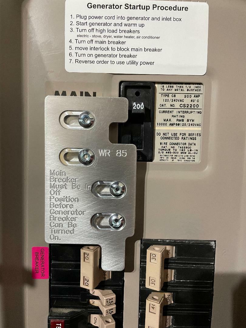 Generator Interlock Kit , Cutler Hammer 200 amp panel W/ vertical main breaker