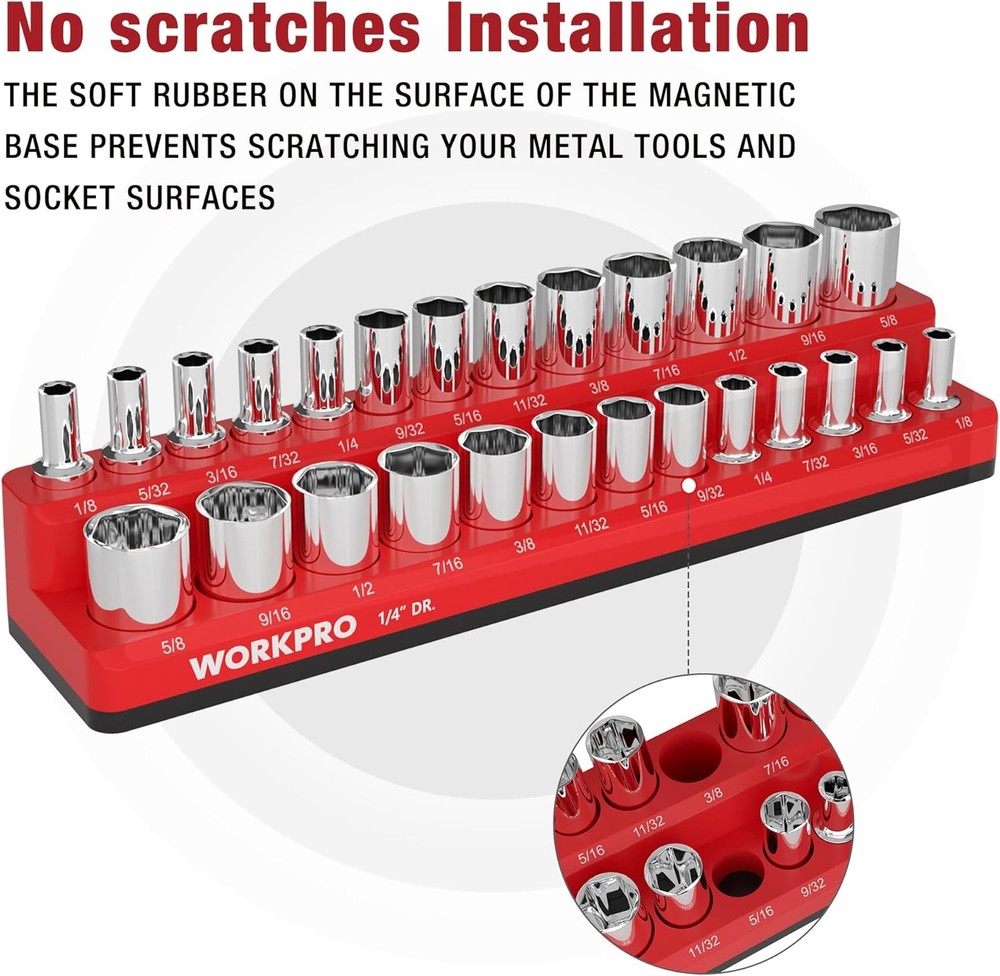 Magnetic Socket Organizer, 1/4-Inch SAE Socket Holder, Socket Trays Holds 26 Pie