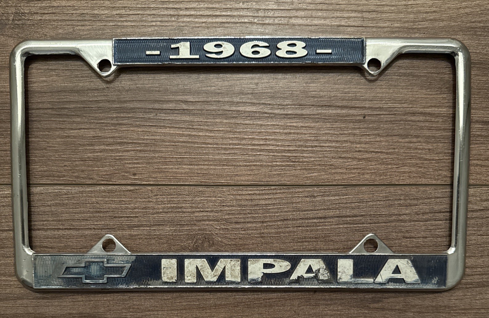 Vintage 1968 Chevrolet Impala License Plate Frame Chevy Chrome And Blue
