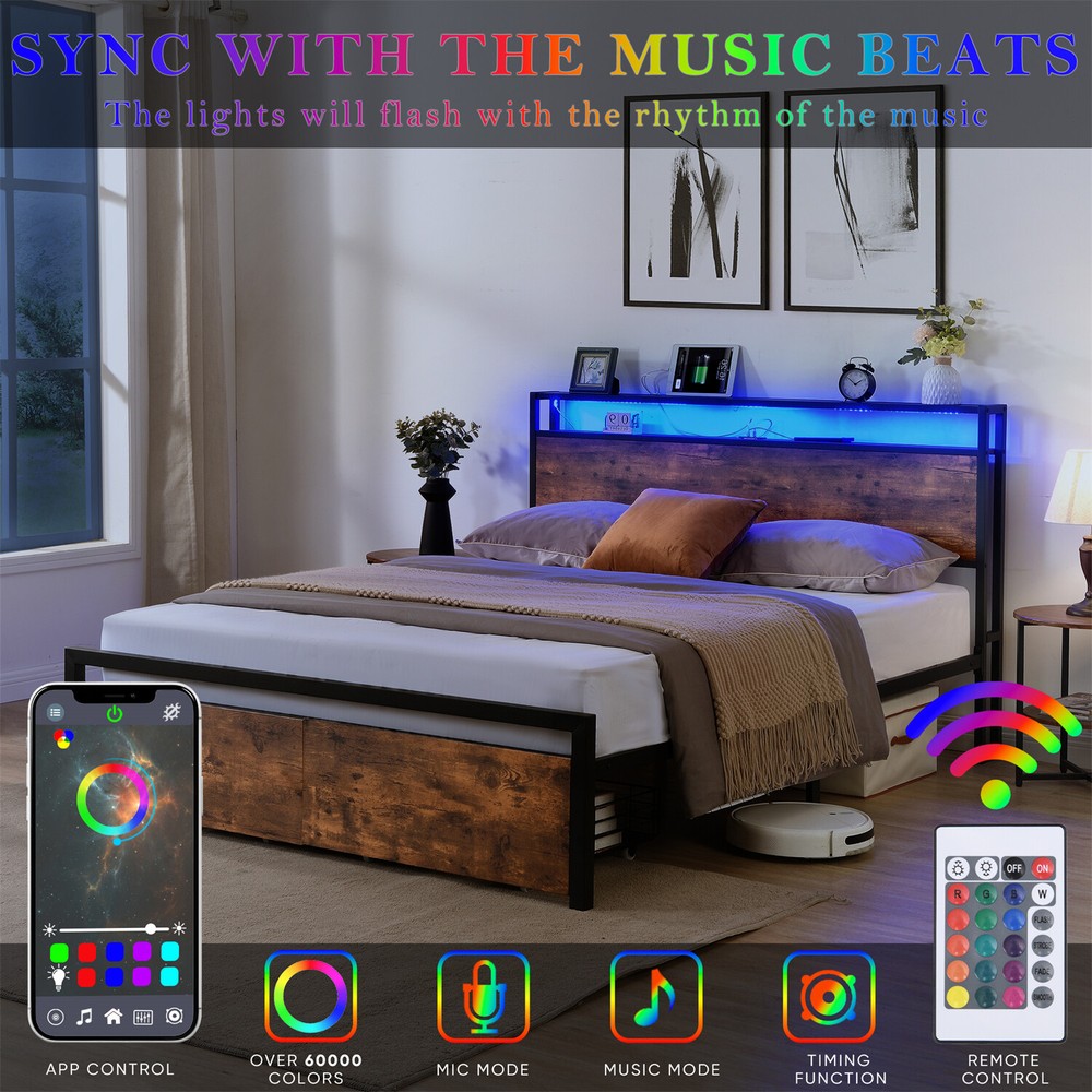 Full Size LED Bed Frame w/ Storage Headboard & 2 Drawers Metal Platform Bed