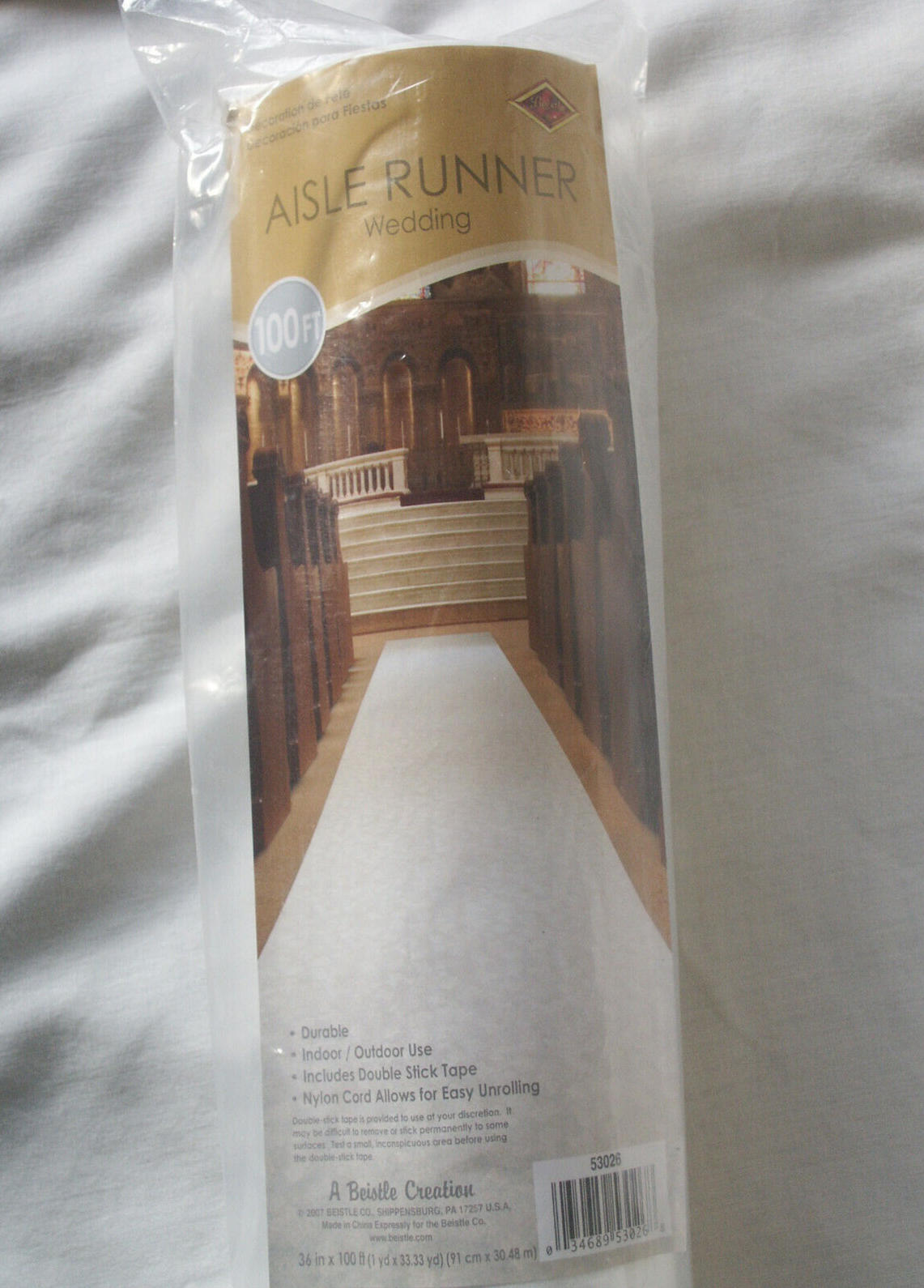 Wedding Aisle Runner White Roses Floral Fabric 100ft x 3ft w/Cord Handle Beistle