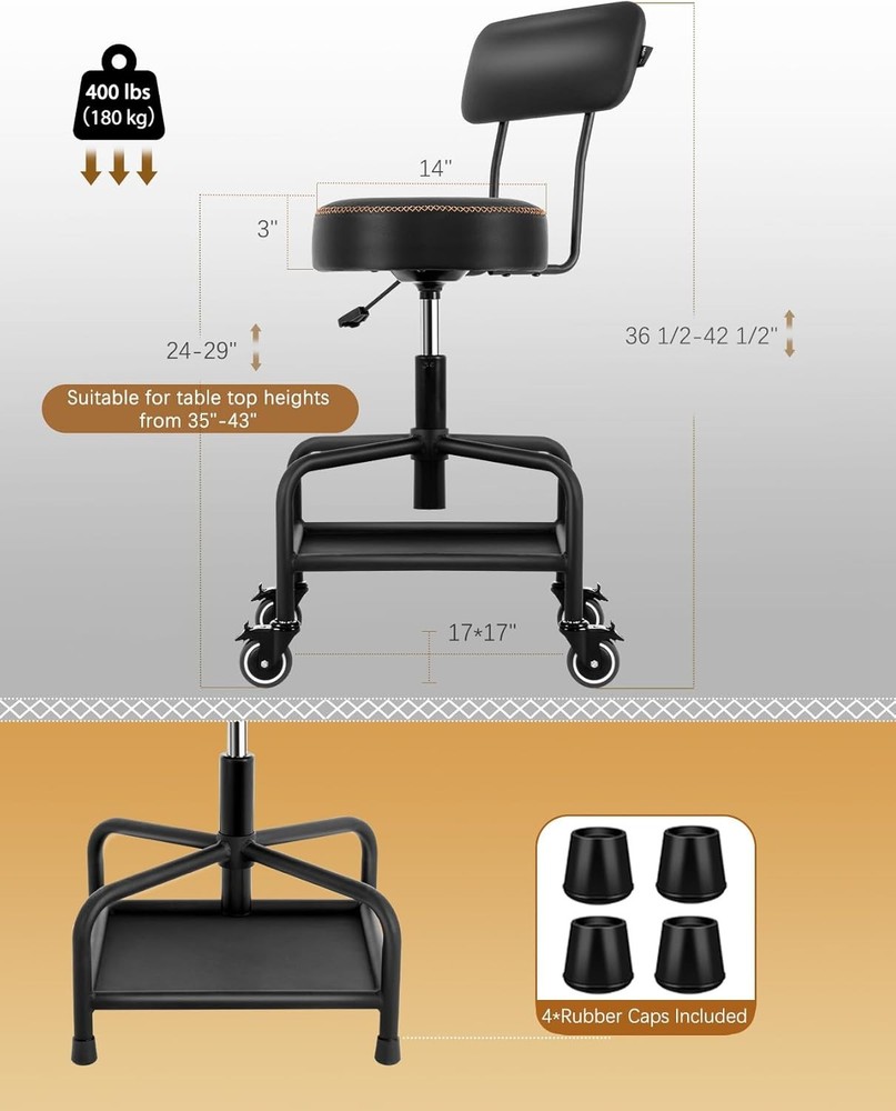 Rolling Shop Stool 400lb w/ Backrest Tool Tray Locking Wheels – NEW