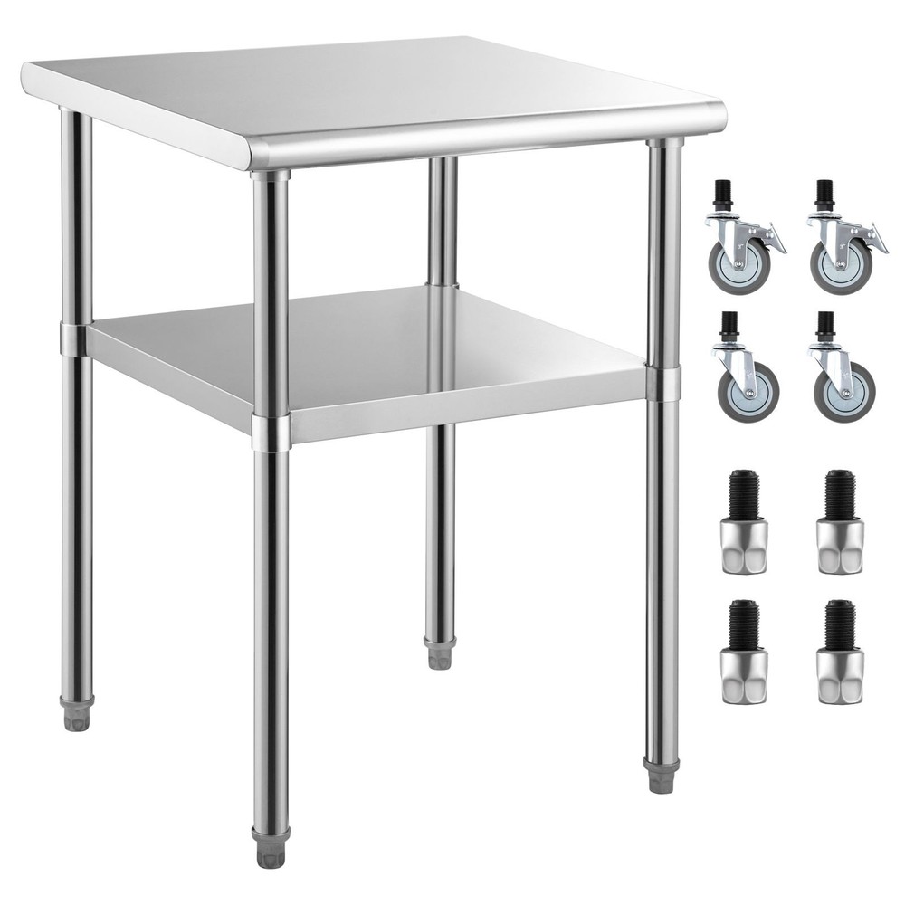 Heavy-Duty Stainless Prep Table, 24x24in Top, Adjustable Undershelf, 4 Wheels