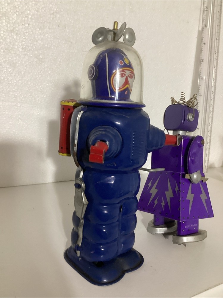 2 Metal Wind-up Robots BLUE MOON EXPLORER ROBOT & ELECTRA ROBOT.