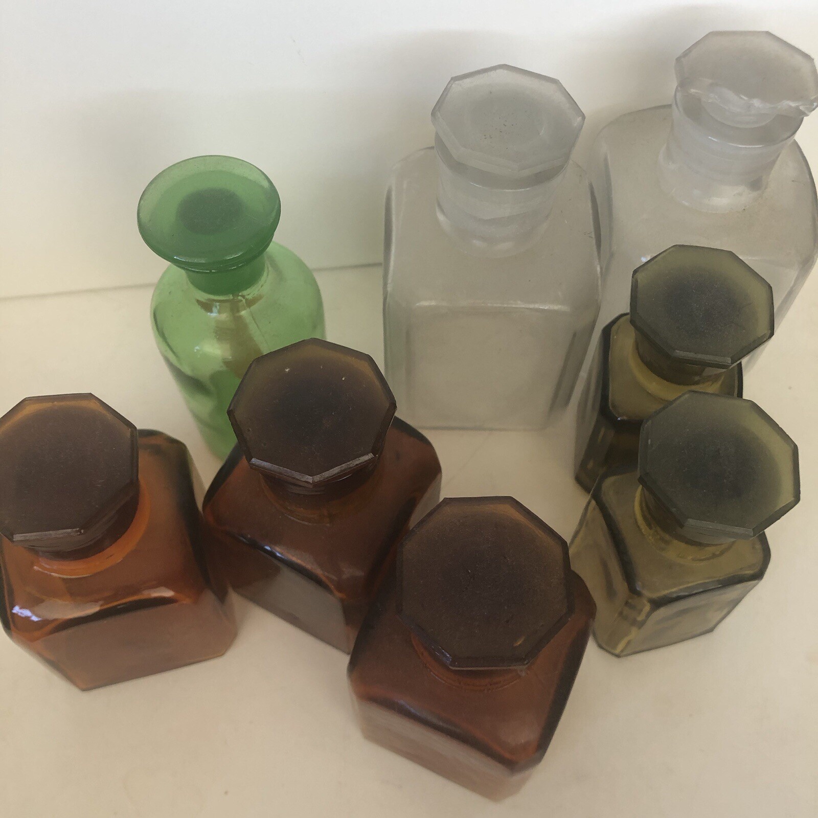 Eight Vintage Glass Reagent Science Chemistry Bottles Laboratory Wide Neck
