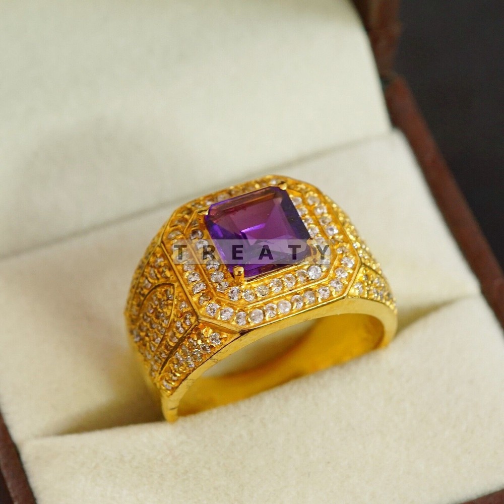 Amethyst Emerald Cut Gemstone With 14K Solid Gold Ring For Men's #B712