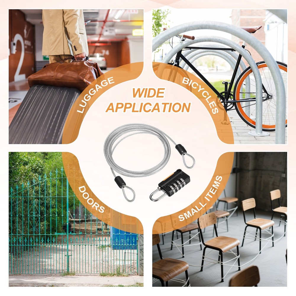 Security Steel Cable Digit Combination Lock, 4.9Ft Coated Silver Wire Lock