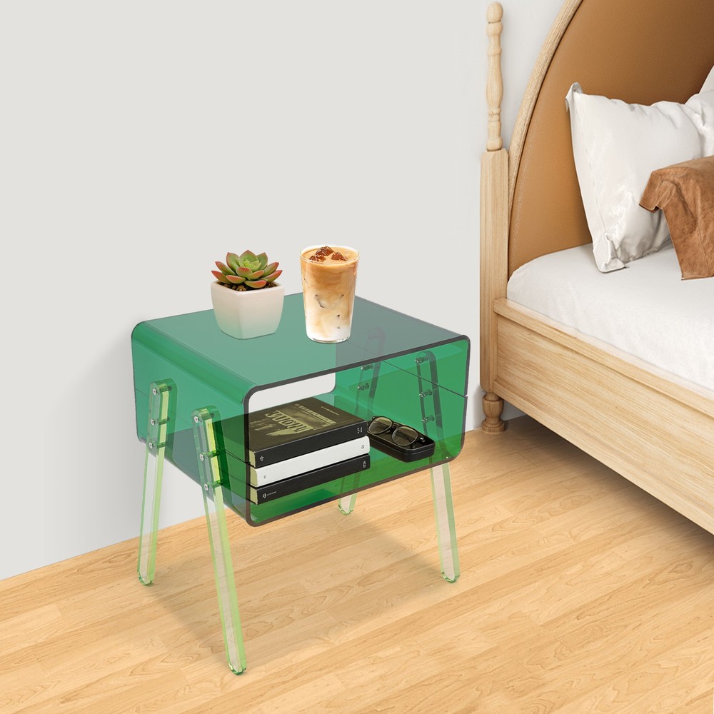 Acrylic Side Table, Green 2-Tier End Table with Open Storage for Small Spaces
