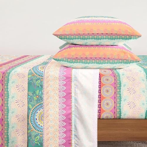 - Boho Bed Sheets, 4-Piece Sheet Set, Bohemian Chic Queen Orange Green
