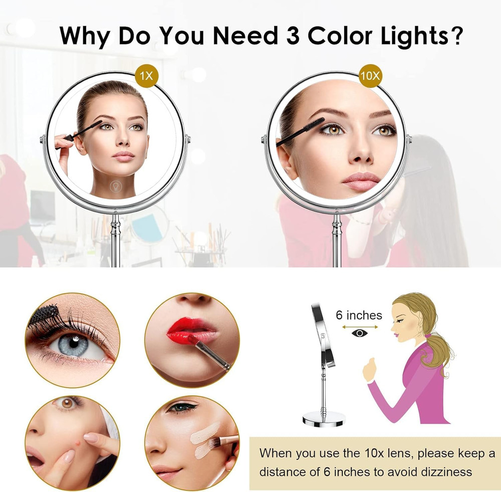 Rechargeable Double-Sided Makeup Mirror with 3 Colors and Adjustable Brightness