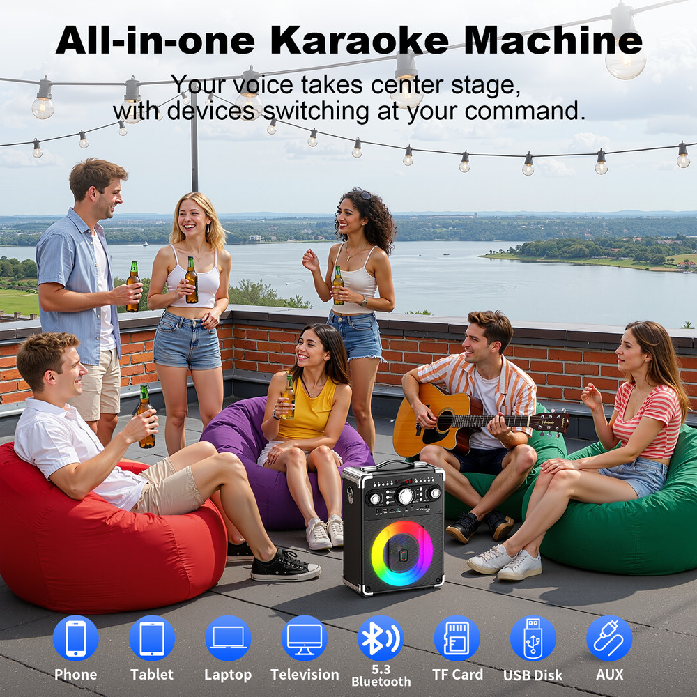 Karaoke Machine with 3 Wireless Mics,Bluetooth Speaker,RGB Light,Digital Display