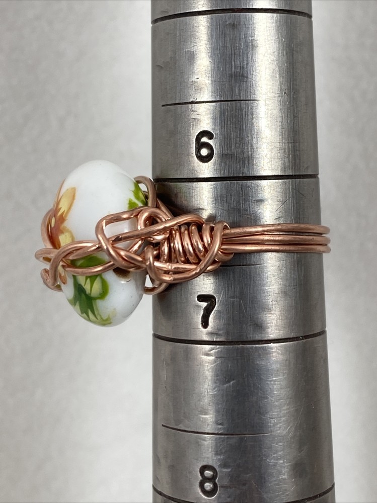 Handmade ~ Copper Wire Wrap ~ White Glass Bead Ring ~ Size 6 1/2 #170