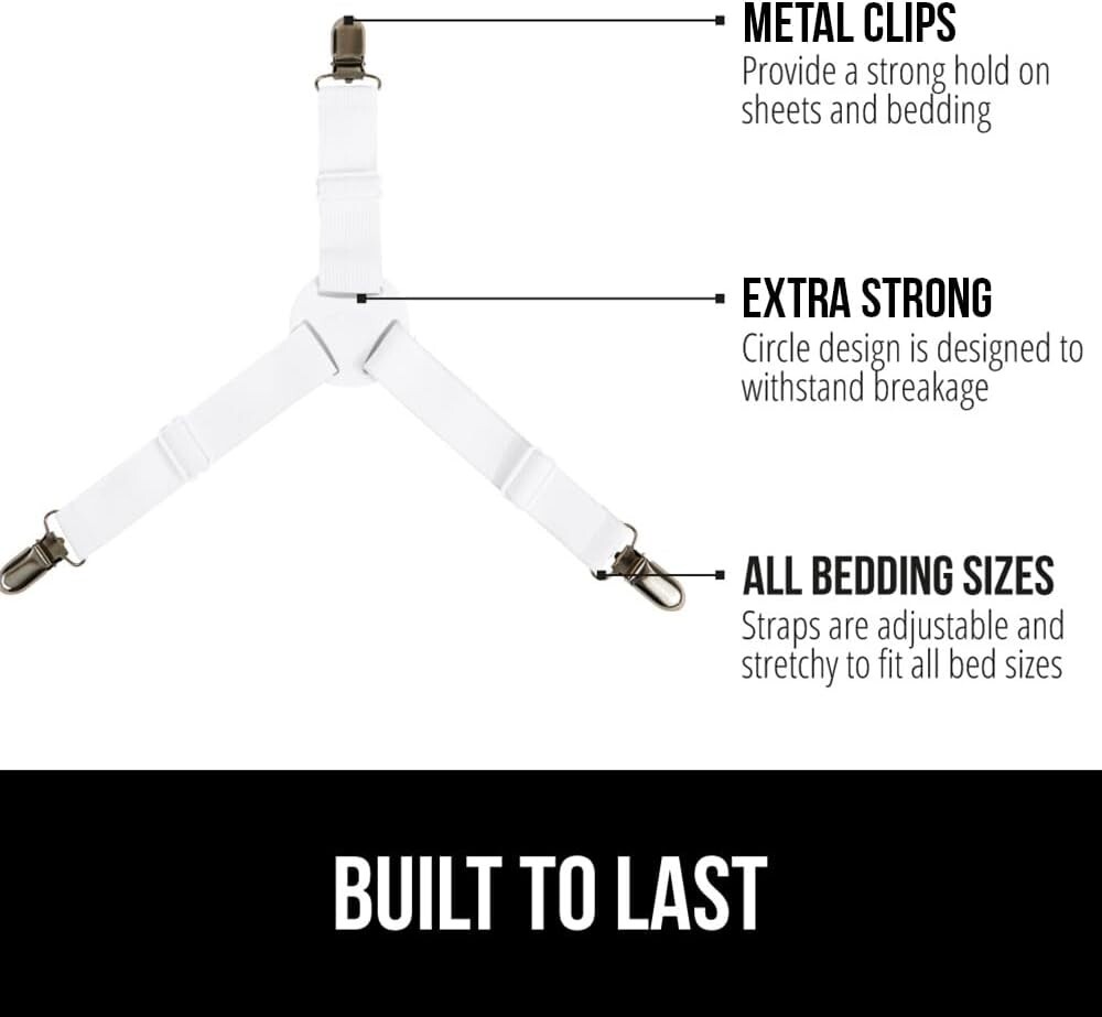 Easy Install Bed Sheet Straps - Secure and Wrinkle-Free Fitted Sheets, 4 Pack