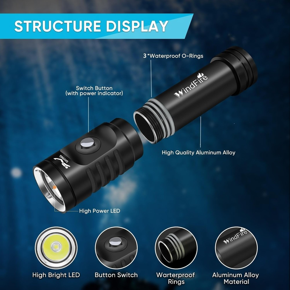 Dive Light Scuba Diving Flashlight, Super Bright Rechargeable Waterproof Torch