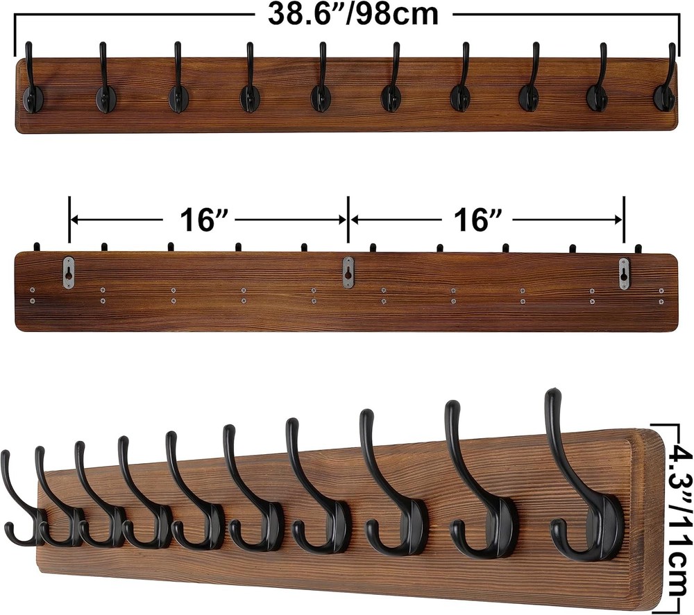 Rustic Farmhouse Wall-Mounted Coat Rack, 38.6 Inches — 10 Hooks