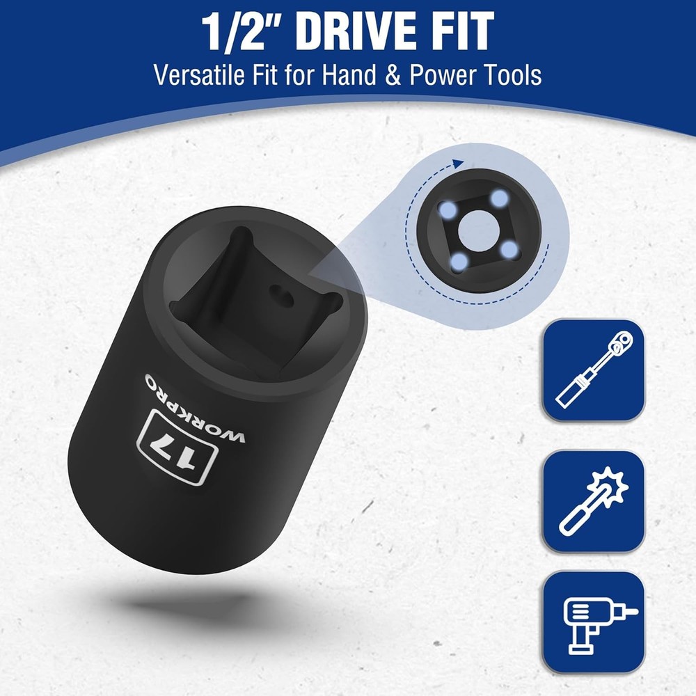 WORKPRO 1/2” Drive Shallow Impact Socket Set, Metric Cr-V Steel 6-Point Socket S