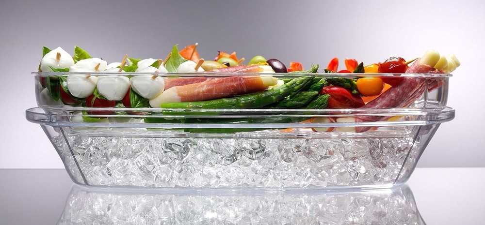 Clear Plastic Oval Serving Tray Set, 5 Compartments, Lid & Ice Tray, 2 Pieces