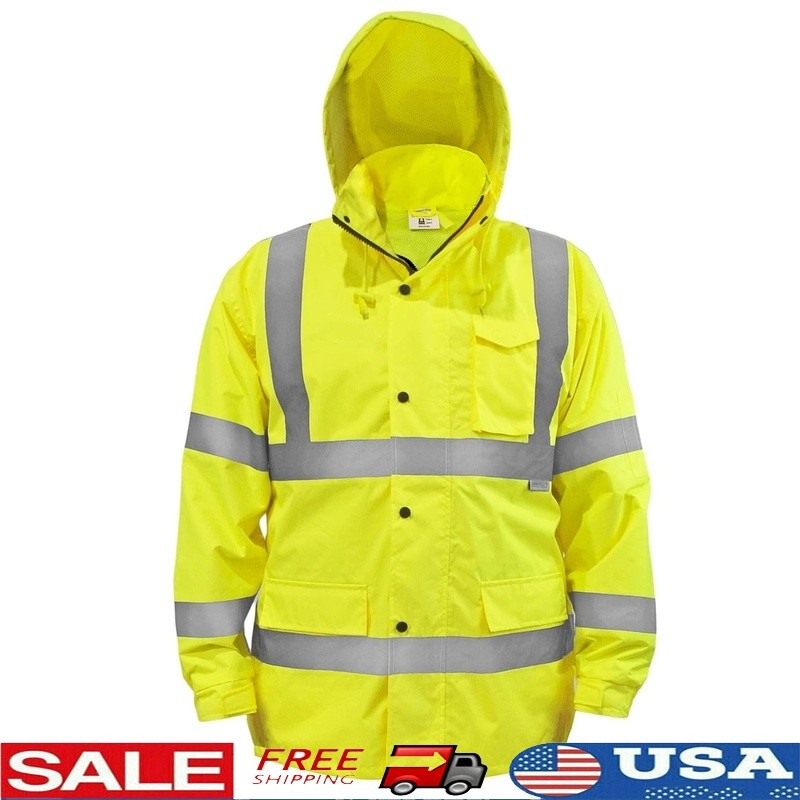 High-Visibility Rain Jacket ANSI Class 3 Waterproof Construction Work Gear New