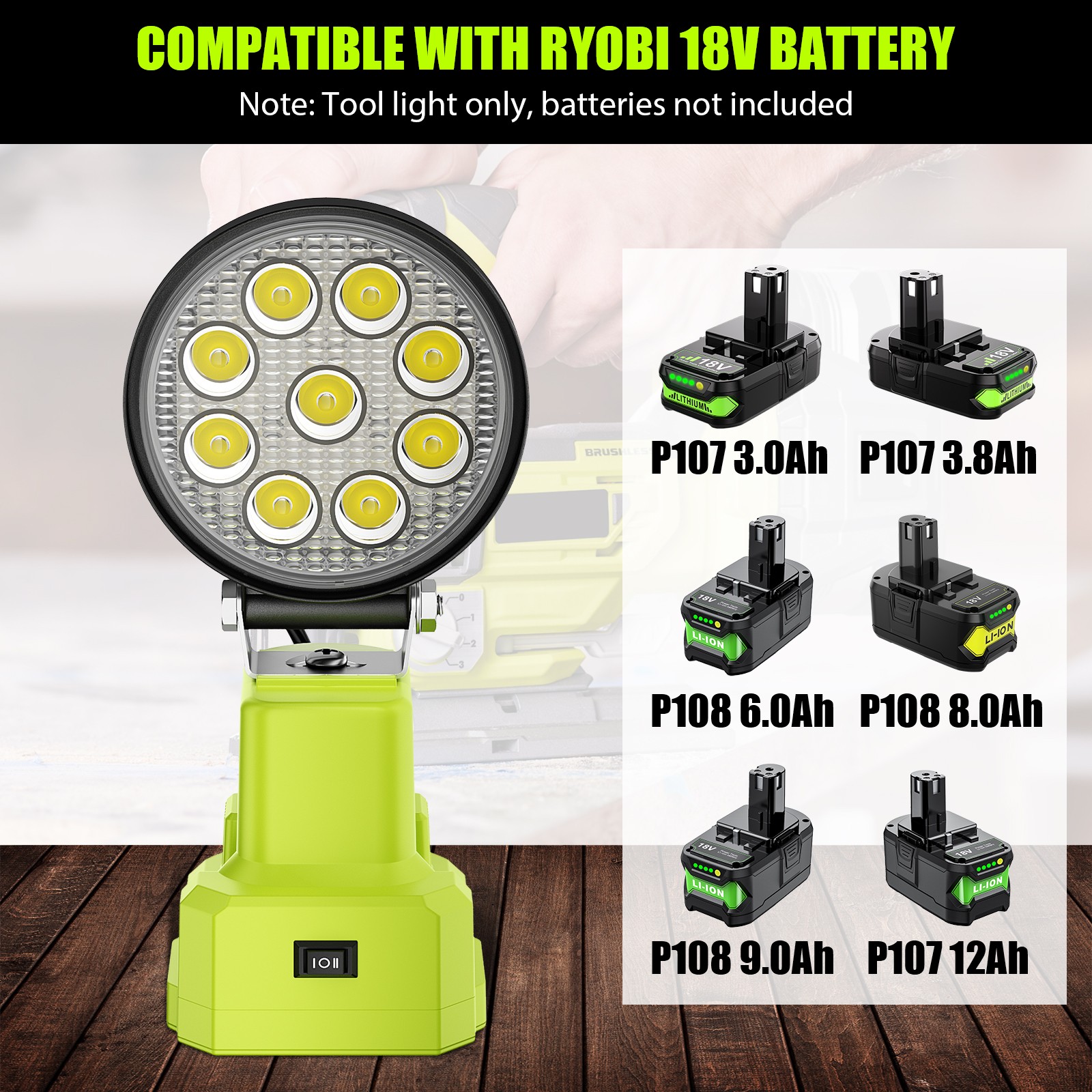 6000K Cordless Tool Light 2100LM LED Work Light for Ryobi 18V Battery 27W