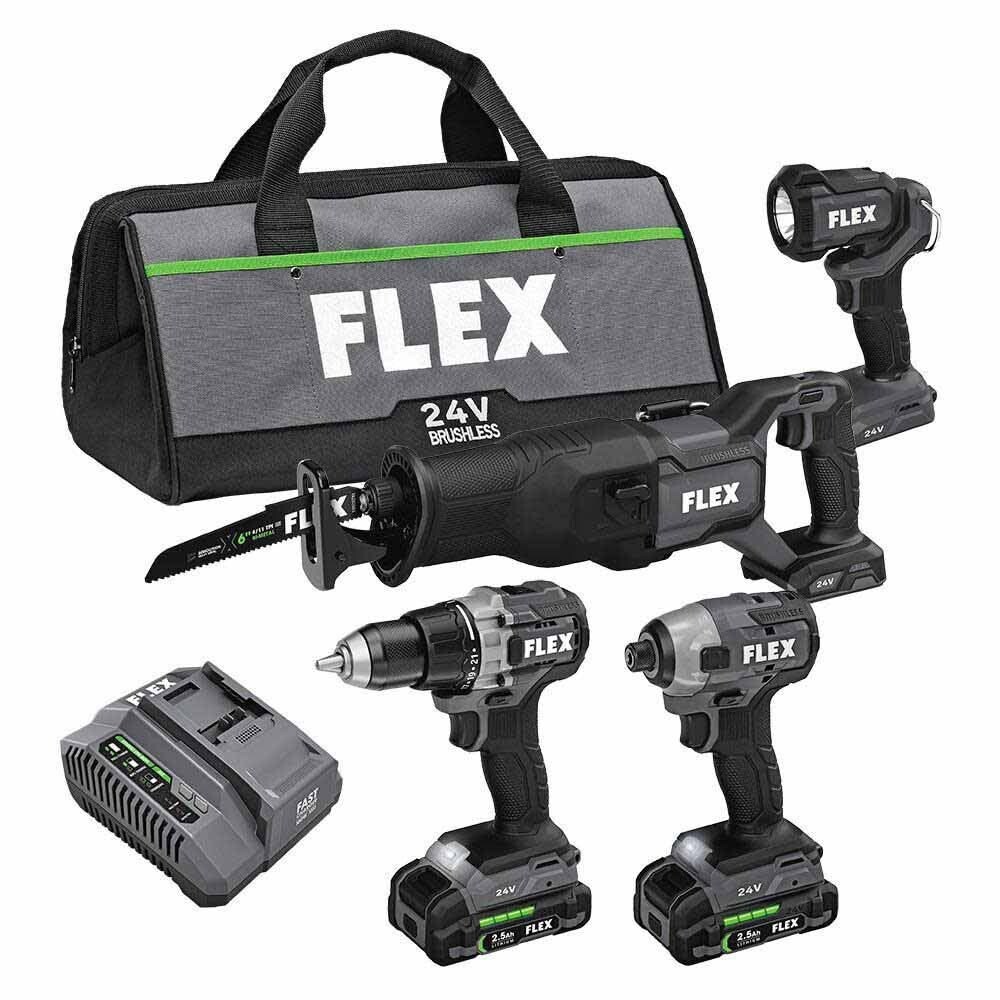Flex FXM401-2A Impact Driver, Recip Saw, Drill Driver & Work Light 4-Combo Kit