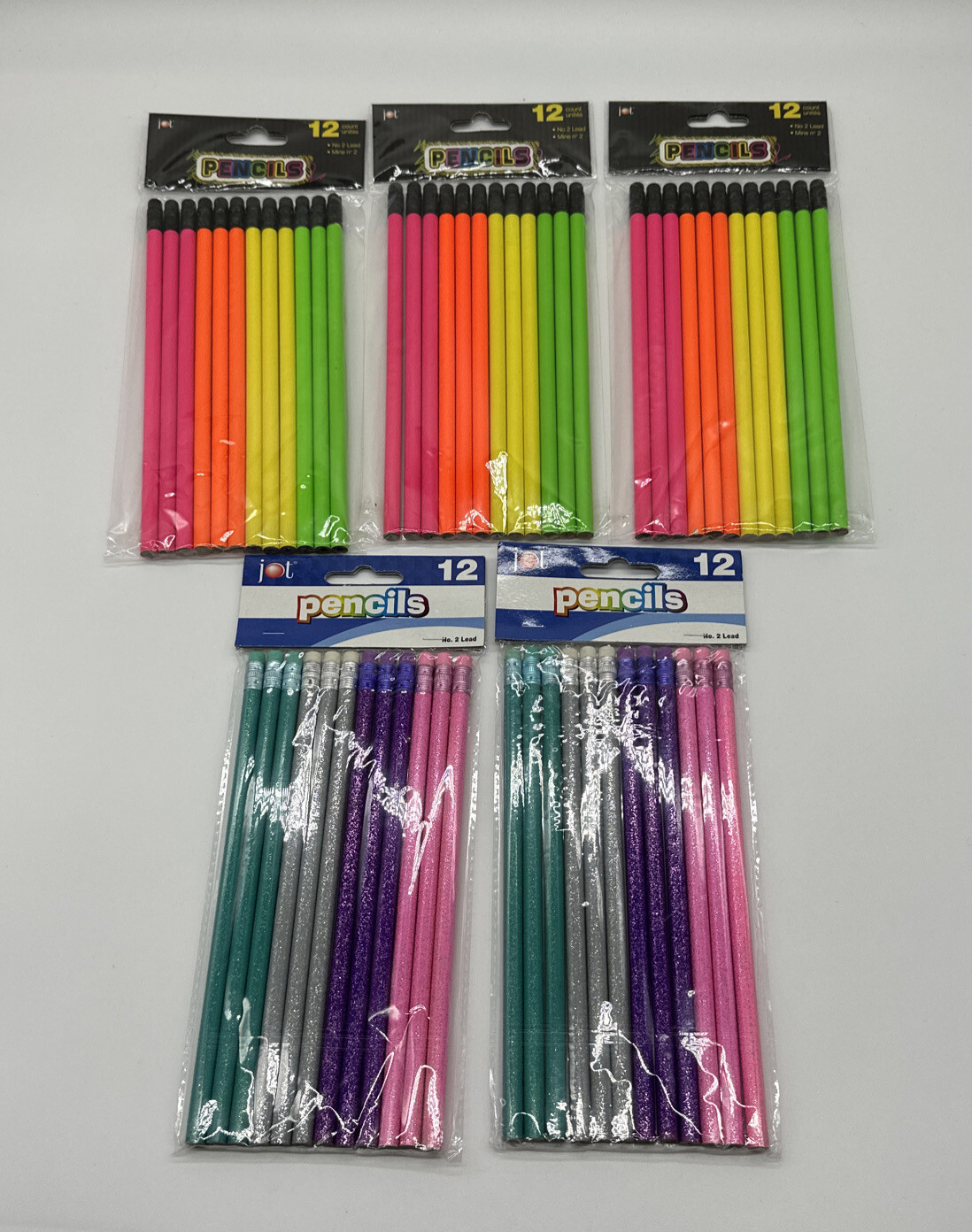 Neon & Glitter Color Wood Pencils #2 HB Lead w Latex Free Erasers 12/Pack Qty 5