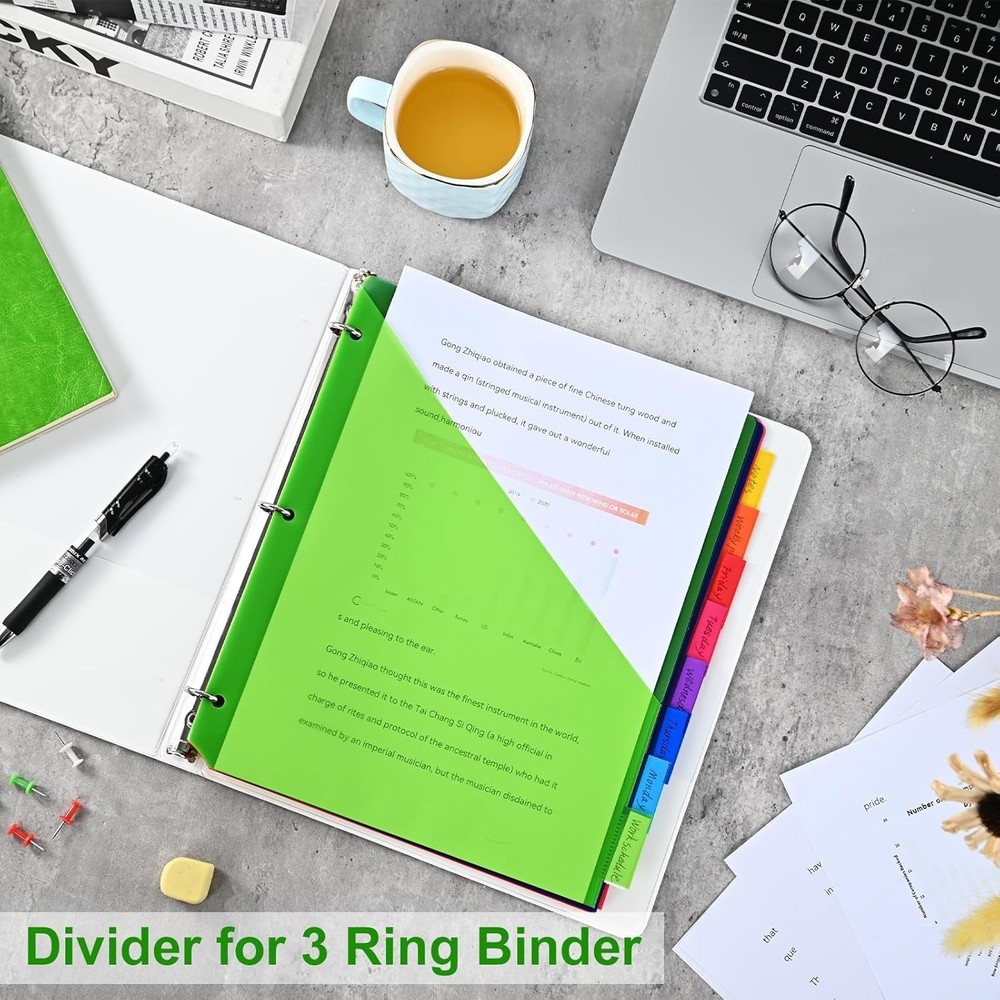 8-Tab Binder Dividers - Index Pockets Divider for 3 Ring Binders, 3-Hole Plastic