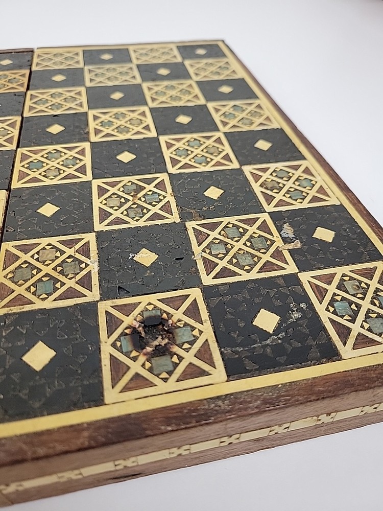 Inlaid Handcarved Bone Chess Set With Board Missing Knight Replaced With Bone