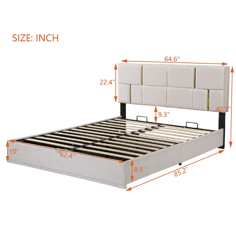 Queen Size Upholstered Platform Bed w/ Hydraulic Storage System Beige/Black