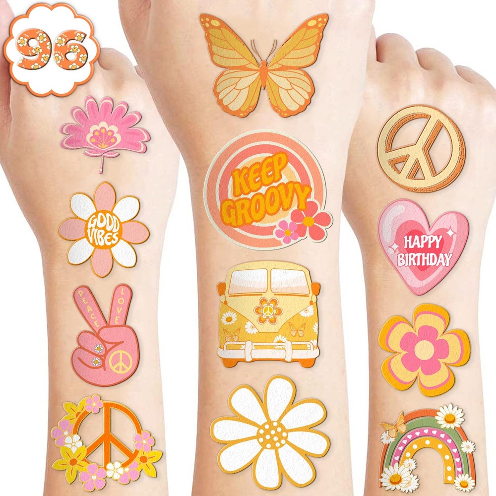 96 PCS Two Groovy Retro 60s 70s Pre-Cut Temporary Tattoos Medium, Multiple