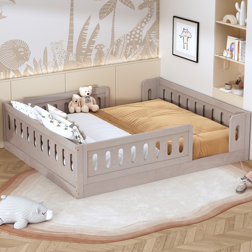 Wood Full Size Platform Bed with Guardrail, Natural
