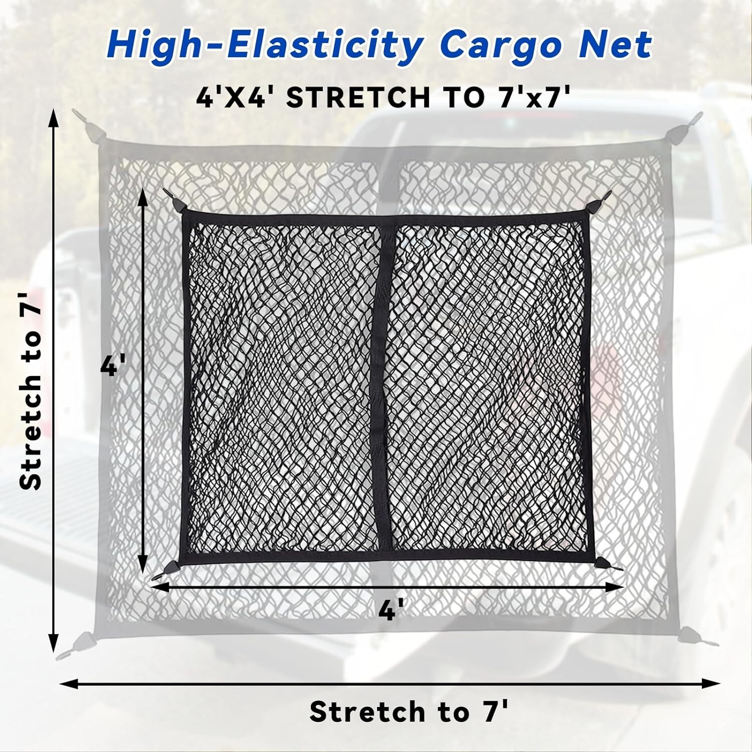 Cargo Net For Pickup Truck Bed Heavy Duty Net Mesh Organizer, 4'x4' to 7'x7'