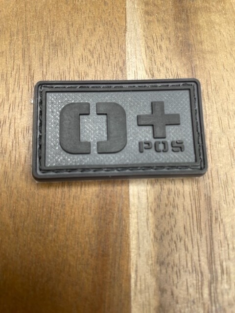 Blood Type Patch PVC Hook Loop 0+ Grey FIRE POLICE MILITARY