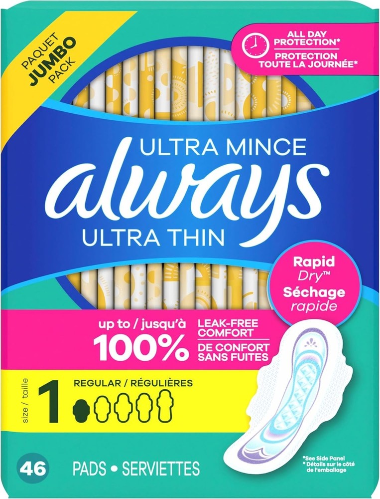 Always Ultra Thin Pads with Wings, Size 1, Regular, 46 Count