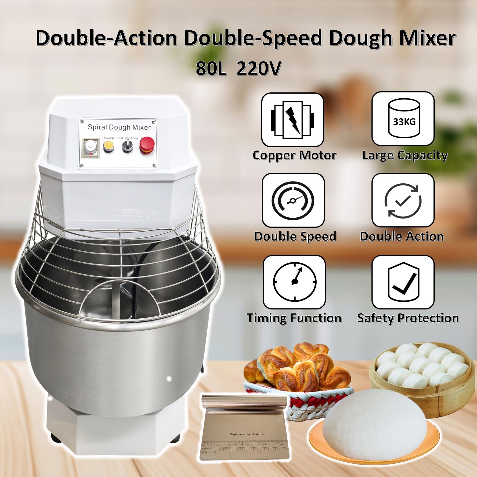 220V 80L Double-acting Double-speed Dough Mixer for Bread Pizza Three-phase