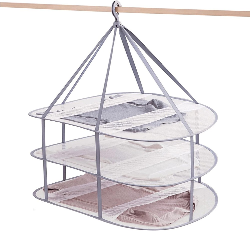 3 Tier Folding Mesh Clothes Drying Rack Stackable Sweater Drying Rack W/