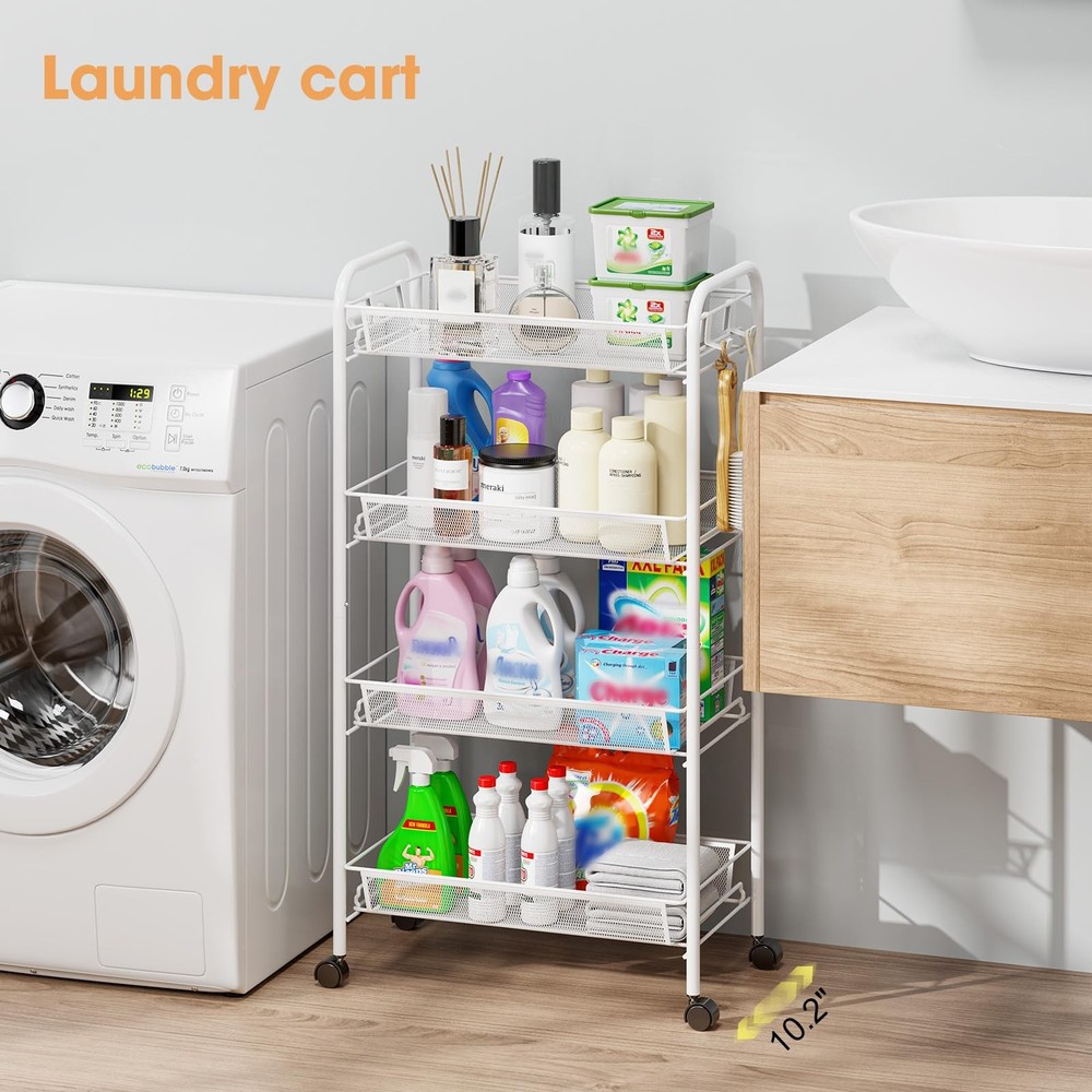 4-Tier Metal Rolling Cart with Hooks: Mobile Storage for Kitchen, Bath, Laundry