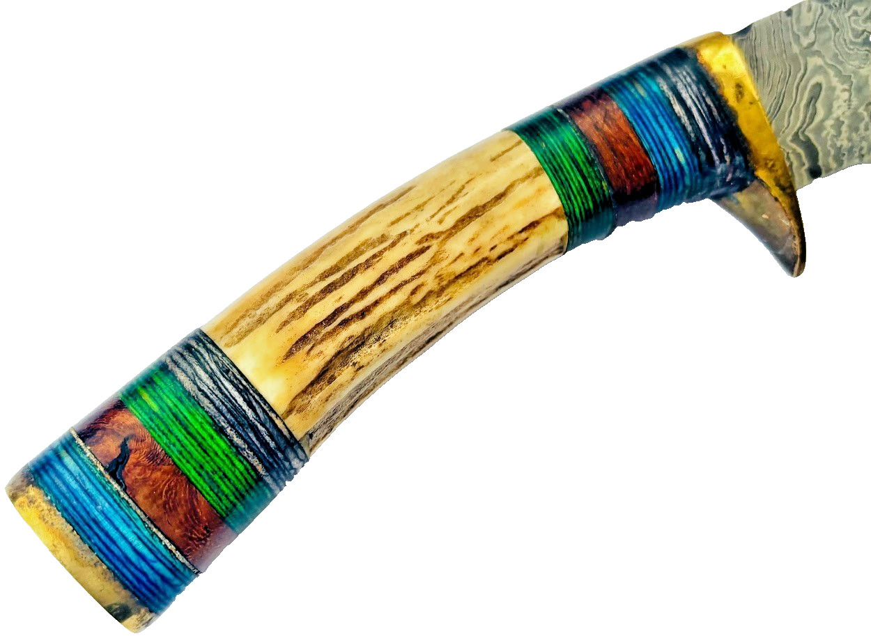 Vintage Stag Handle Fixed Blade Knife Damascus Blade Knives & Leather Sheath