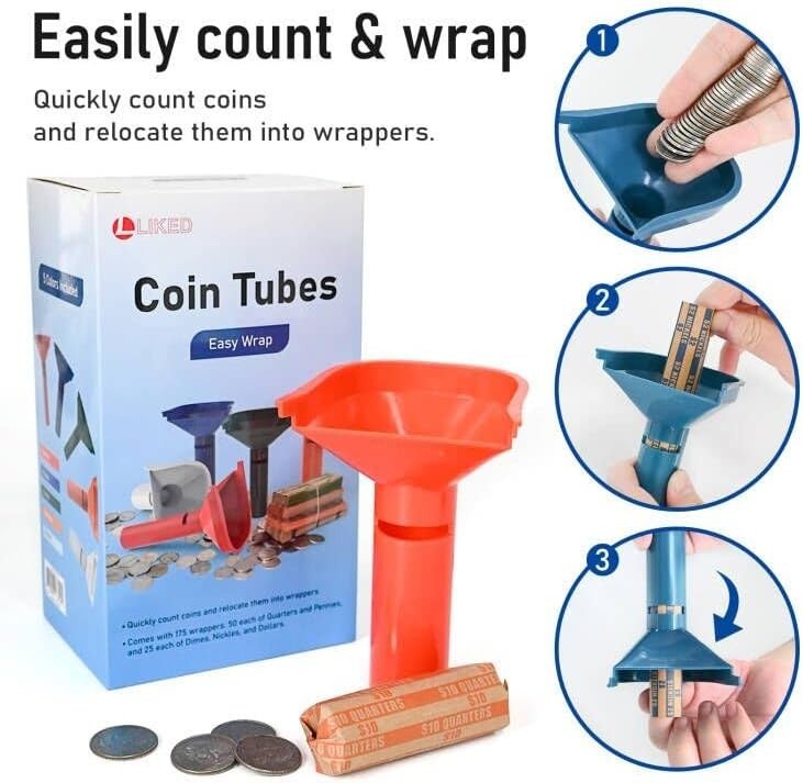 175 Assorted Coin Wrappers and 5 Durable Sorting Tubes - Organized & Convenient