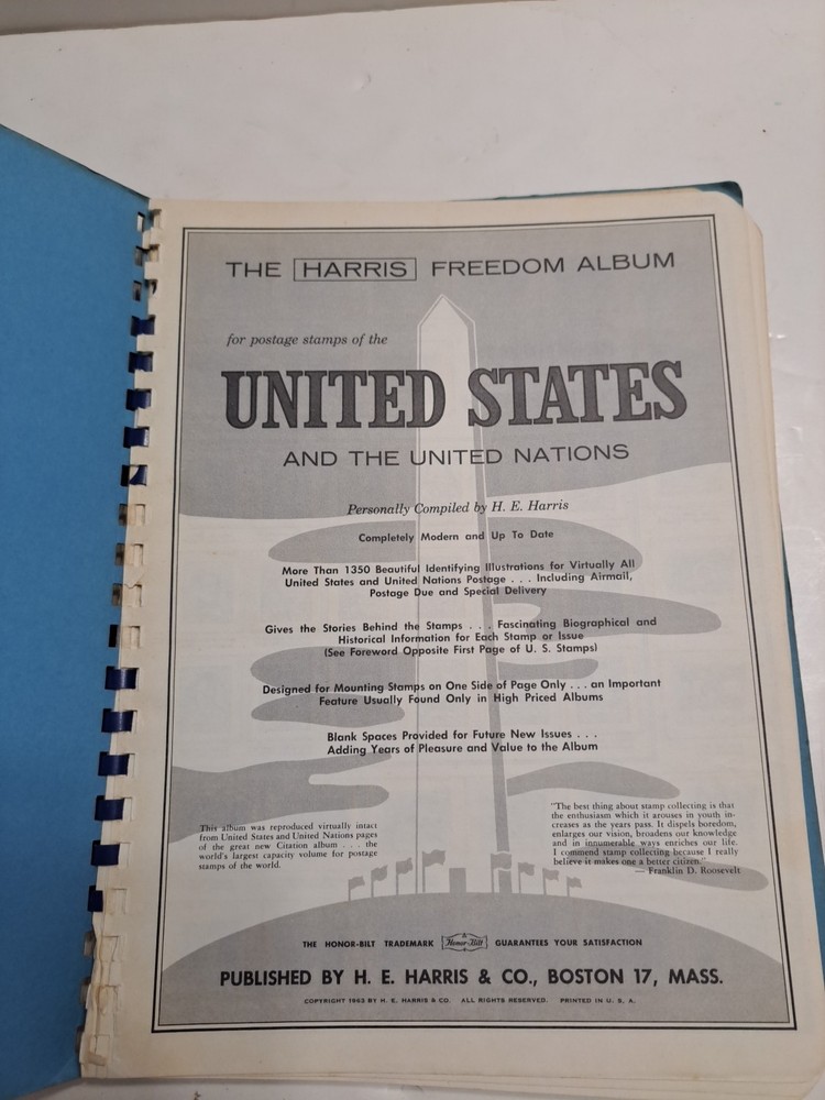 Vintage 1963 The Harris Freedom Album U.S. & U.N. Postage Stamp Book Incomplete
